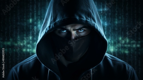 Man in black hoodie and mask with glowing green background photo