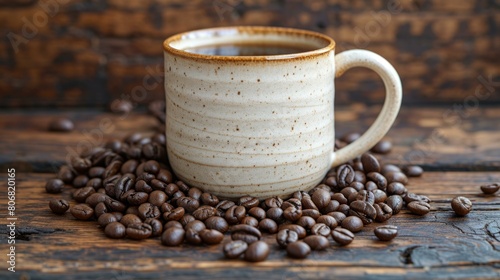 A ceramic cup of coffee on a wooden table surrounded by coffee beans photo