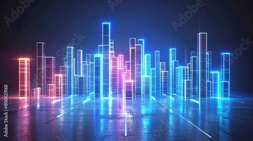   A metropolis teeming with towering structures, aglow with neon lights at their peaks, and a vibrant floor adorned with copious amounts of blue and pink lights photo