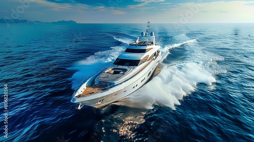 A luxury yacht is speeding across the ocean photo