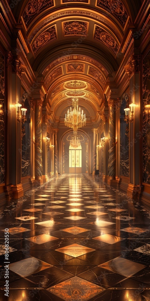 ornate hallway with marble floor and golden walls