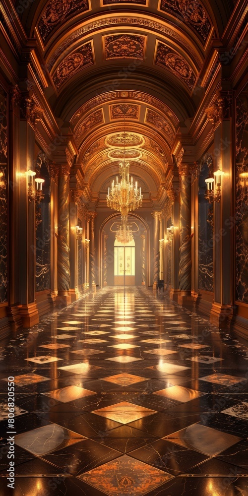 ornate hallway with marble floor and golden walls ornate hallway with marble floor and golden walls