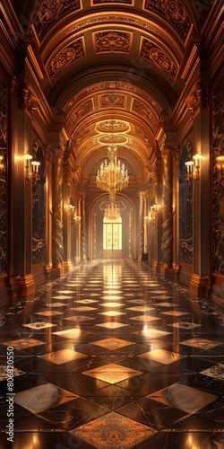 ornate hallway with marble floor and golden walls