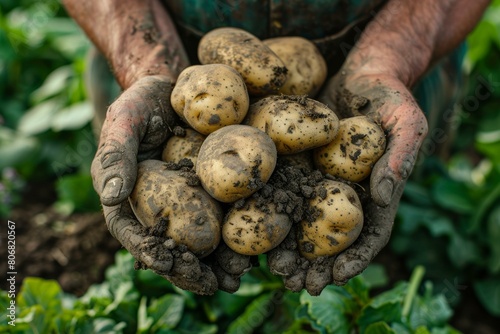 A farmer holding a handful of freshly harvested potatoes