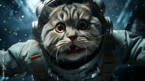 A cat wearing a spacesuit and floating in space