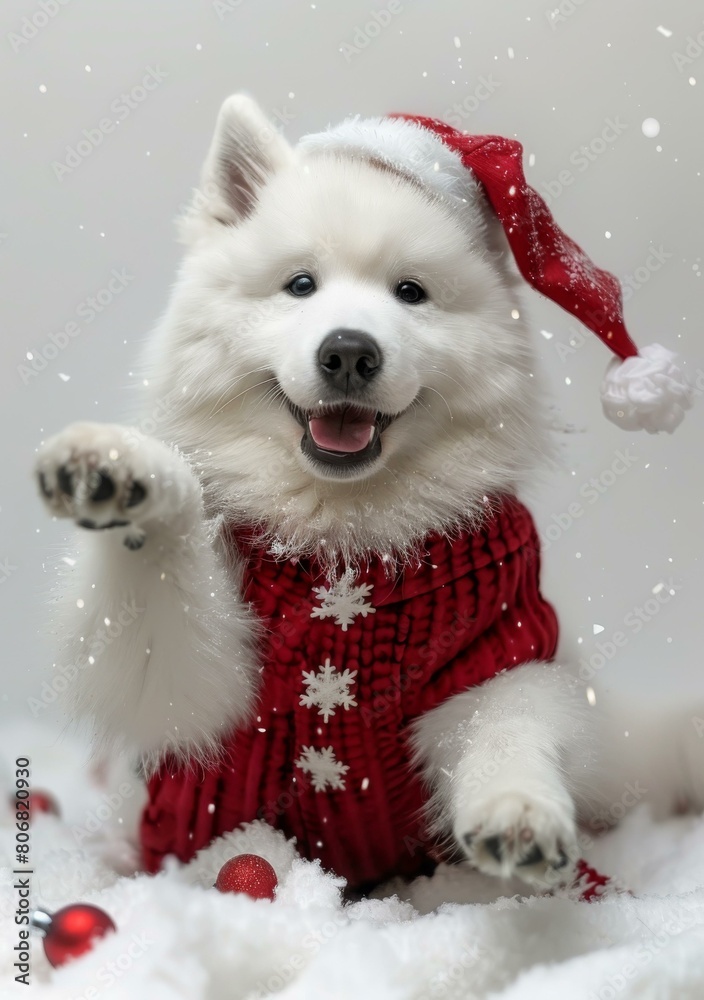 Samoyed dog wearing a Santa hat and red sweater with snowflakes Samoyed dog wearing a Santa hat and red sweater with snowflakes