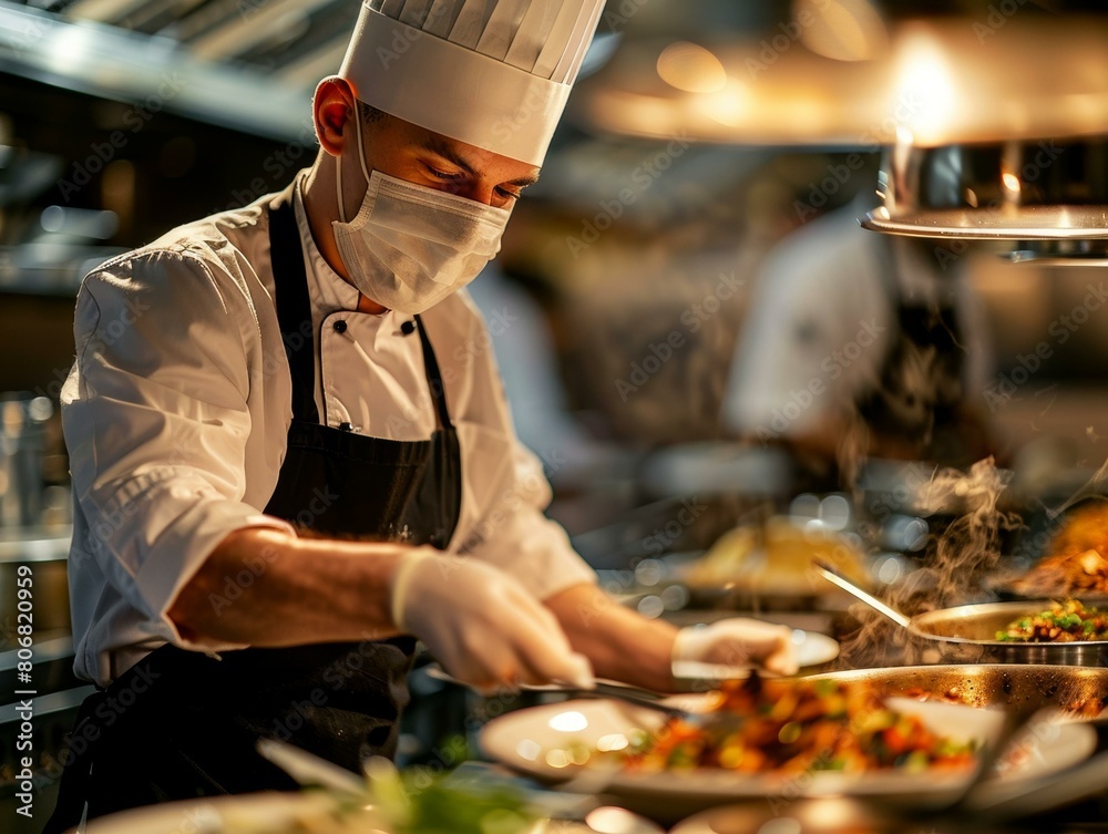 Chef wearing a mask and gloves preparing food in a restaurant kitchen