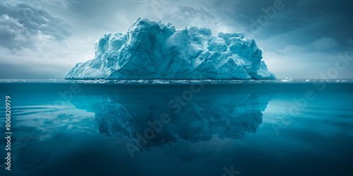 A large iceberg floating in the ocean with clouds in the background photo