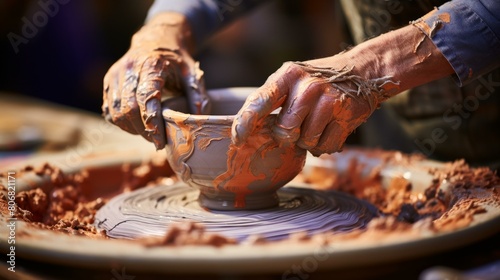 The potter's hands shape the clay on the spinning wheel