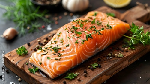 Salmon Fillet and Herbs on Wooden Board - Top View. Concept Cooking, Food Photography, Healthy Eating photo