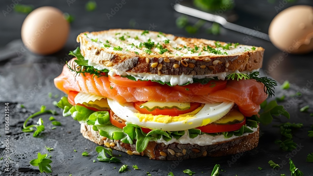 Salmon and cream cheese sandwich with veggies and egg top view. Concept Food Photography, Breakfast, Sandwiches, Fresh Ingredients, Top View Shot Salmon and cream cheese sandwich with veggies and egg top view. Concept Food Photography, Breakfast, Sandwiches, Fresh Ingredients, Top View Shot
