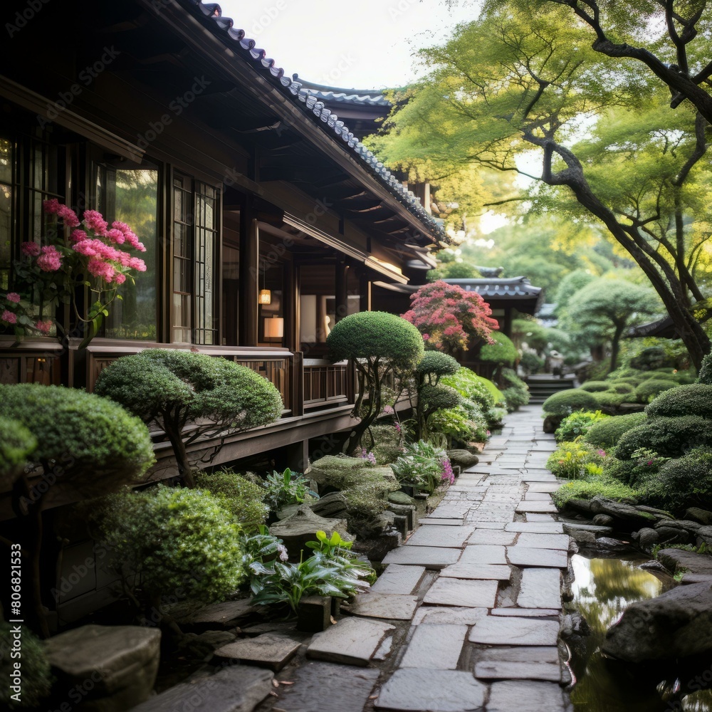 Japanese garden with a stone path, trees, and shrubs
