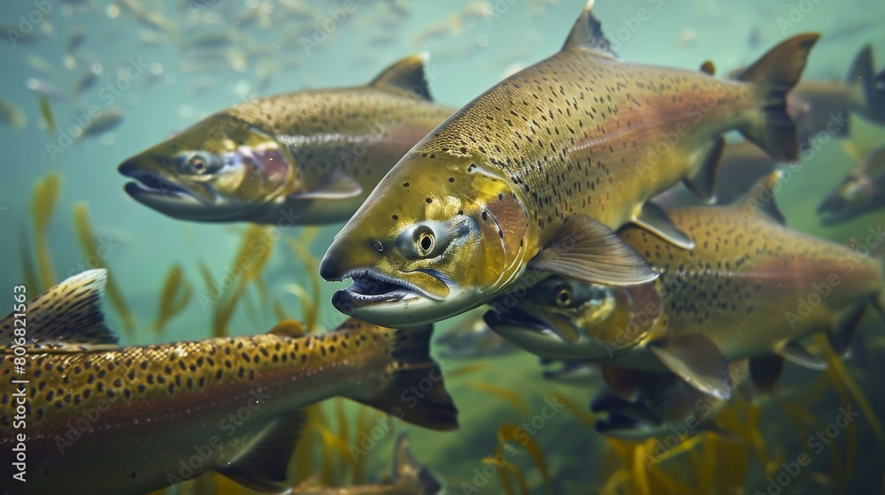 A group of various species of salmon swimming underwater A group of various species of salmon swimming underwater