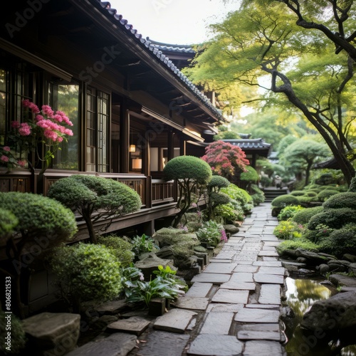 Japanese garden with a stone path  trees  and shrubs