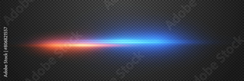 Red-blue lines of speed and light. Dynamic movement of rays and effects. On a transparent background.