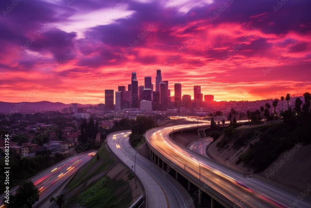 Los Angeles city skyline at sunset with a beautiful colorful sky