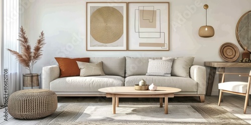 Modern living room interior with sofa, coffee table, rug and decoration
