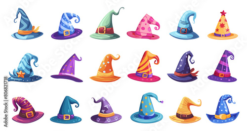 Cartoon Witch Hat Styles. Icons Set, Depicting Hats of Different Colors, Shapes, and Patterns on White Background for Halloween, Costume, Fantasy, Witchcraft, Magic, Sorcery Spooky and Magical Themes