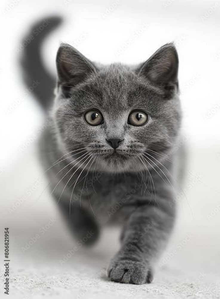 A cute gray kitten is walking towards the camera