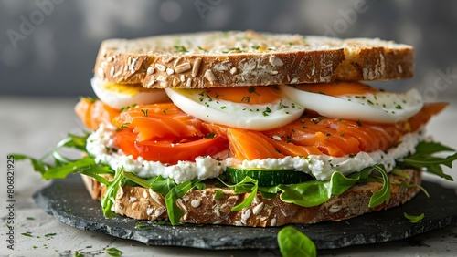 Top view of a salmon and cream cheese sandwich with veggies and egg. Concept Food Photography, Brunch Inspiration, Healthy Eating Ideas, Appetizing Ingredients, Savory Sandwiches