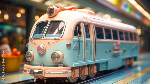 A pink and blue toy train sits on a track in a colorful setting