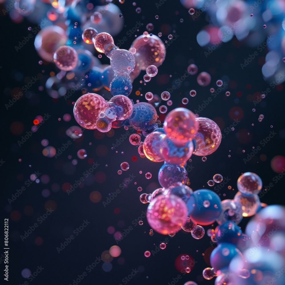 Pink and blue translucent spheres representing atoms or molecules Pink and blue translucent spheres representing atoms or molecules