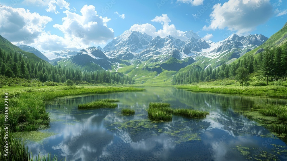 Mountains and lake in a valley