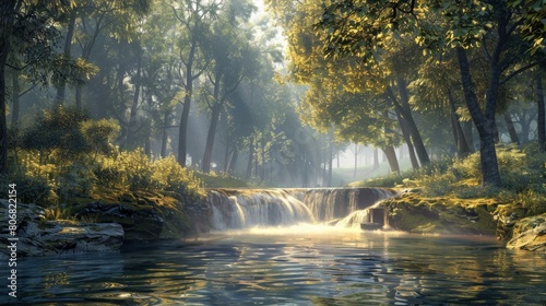 The sun shines through the forest waterfall and into the river