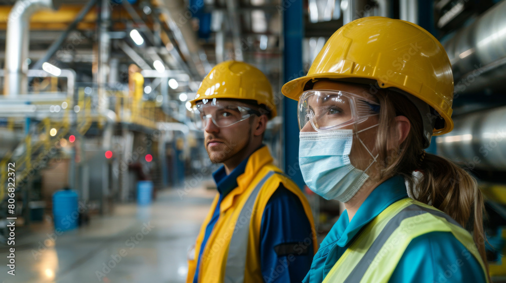 Two workers, a man and a woman, wearing safety gear and face masks inspect equipment in a modern industrial factory. Two workers, a man and a woman, wearing safety gear and face masks inspect equipment in a modern industrial factory.