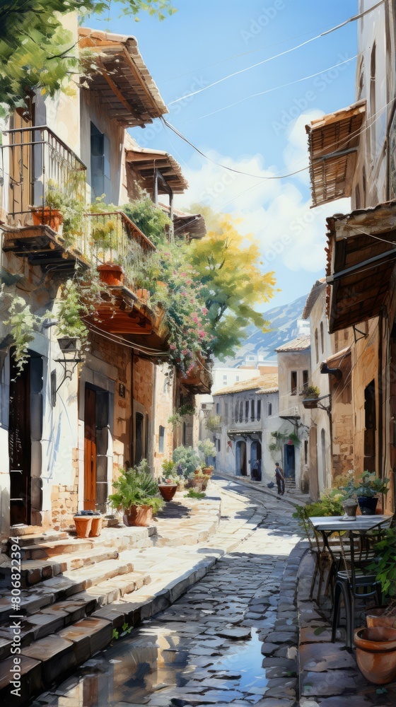 Fototapeta premium Balcony plants in a narrow street