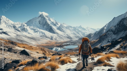 A lone backpacker hiking in the Himalayas.