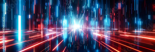 The picture of the uncountable amount of the vertical red and blue neon light pillars that has been filled everywhere of picture of futuristic enormous dark cyberspace yet bright with light. AIGX01. A
