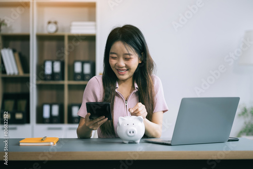 Woman thinking concept saving money and finance accounting.