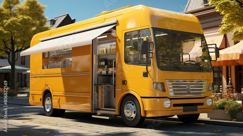 A yellow food truck is parked on a city street.