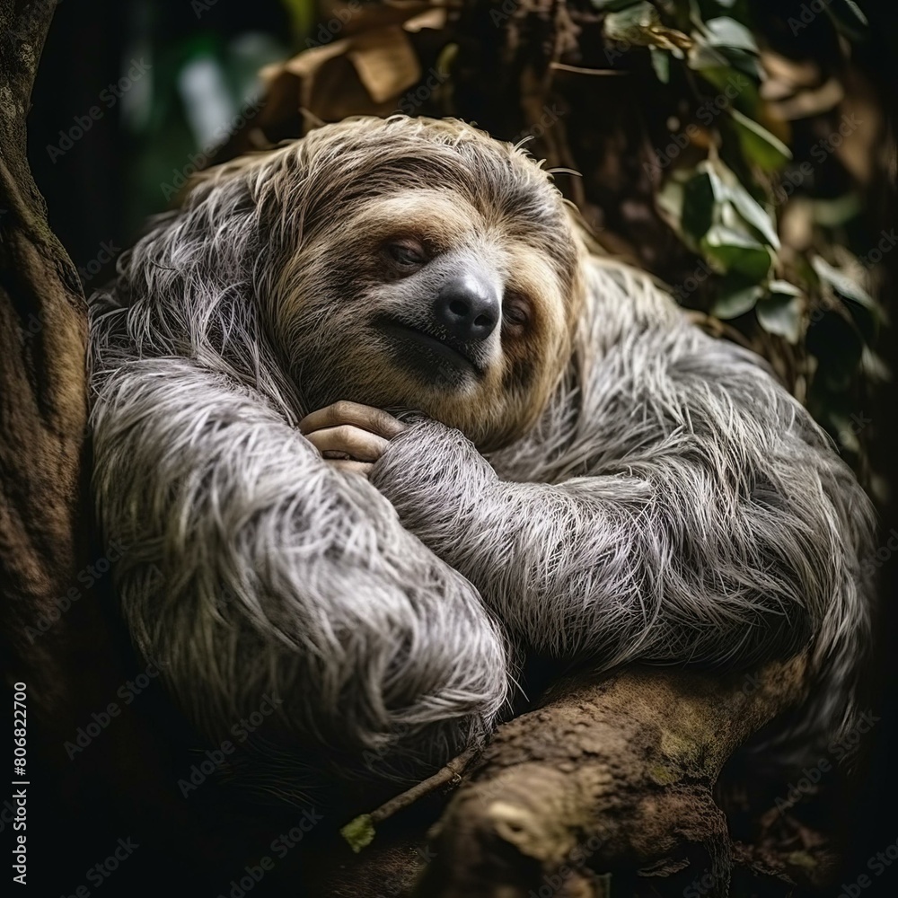 A cute three-toed sloth is sleeping on a tree branch in the rainforest