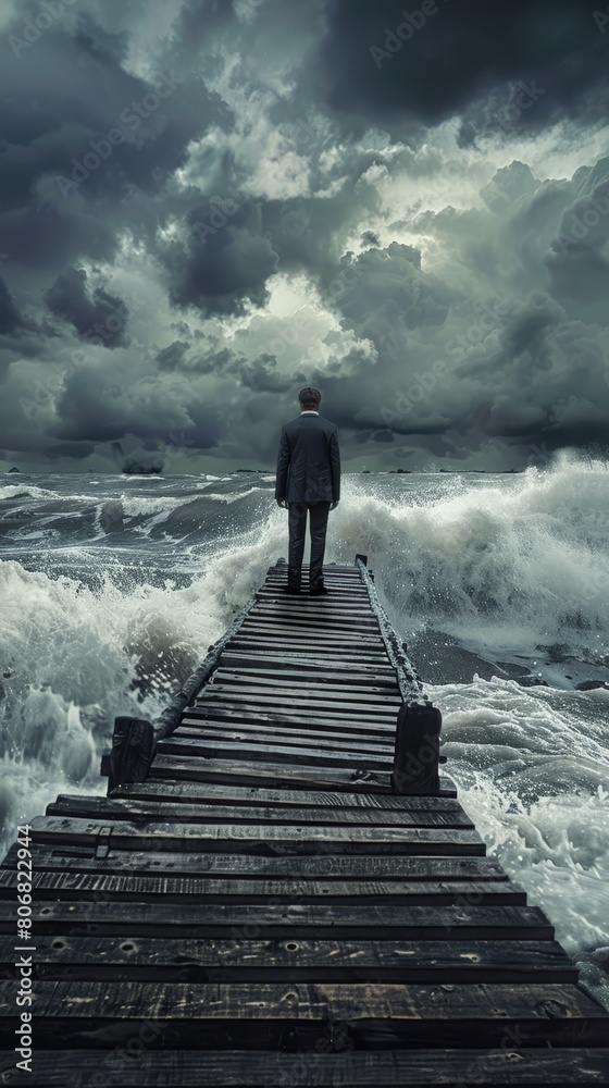   A man stands on a pier, surrounded by a expanses of water, as a stormy sky looms overhead