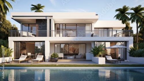 Modern house with swimming pool and palm trees © Adobe Contributor