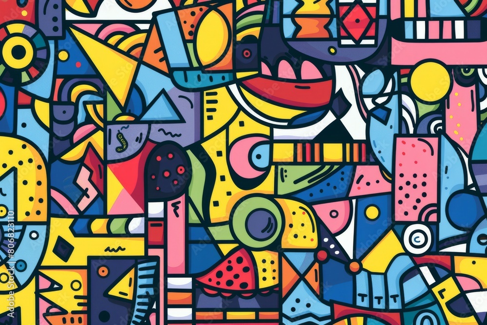 Obraz premium A front cover for a colouring book for toddlers called Shape and Pattern Playground, full of different shapes with various patterns within the shapes