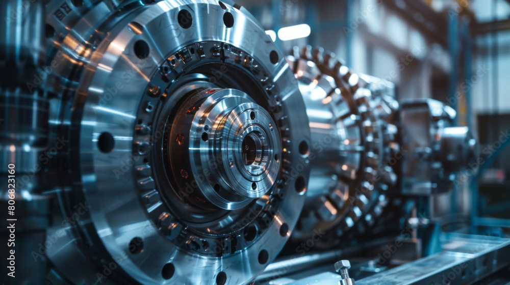 Close-up view of precision-engineered metallic parts in an industrial factory setting, emphasizing technology and manufacturing. Close-up view of precision-engineered metallic parts in an industrial factory setting, emphasizing technology and manufacturing.