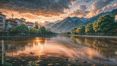 Sunset over the lake and mountains in the background, Piedmont, Italy photo