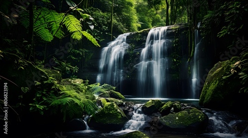 Panoramic view of a waterfall in the forest. Long exposure. © Michelle