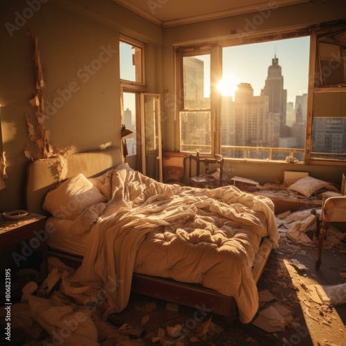 A bedroom with a view of the city