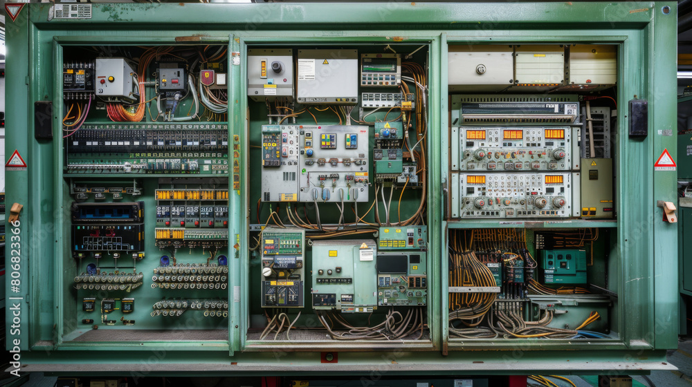 Detailed view of an open electrical control panel in an industrial setting, showcasing complex wiring and circuits. Detailed view of an open electrical control panel in an industrial setting, showcasing complex wiring and circuits.
