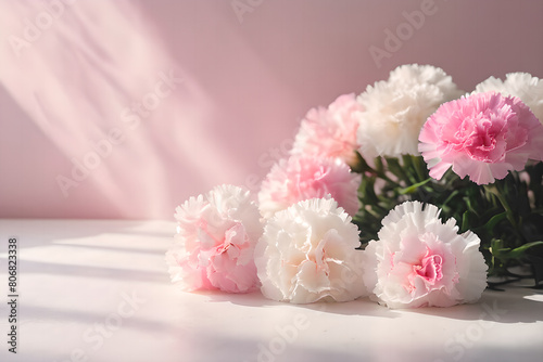 A bunch of pink and white carnations on white background.