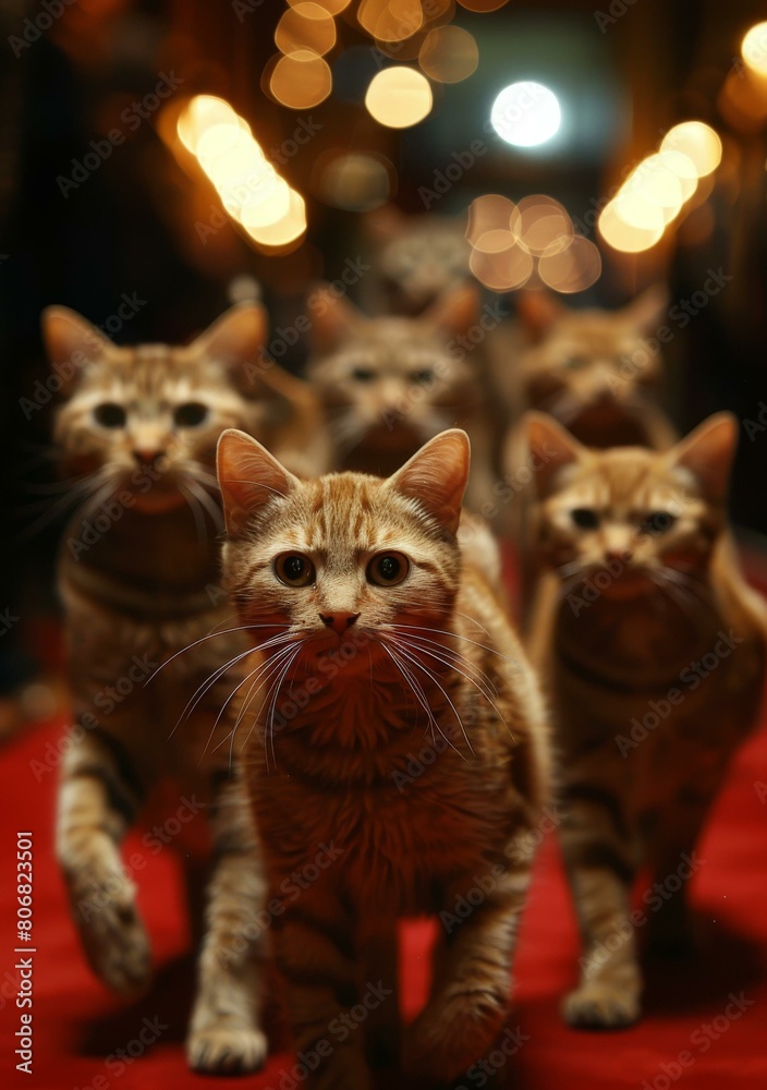 A group of ginger cats walking down a red carpet