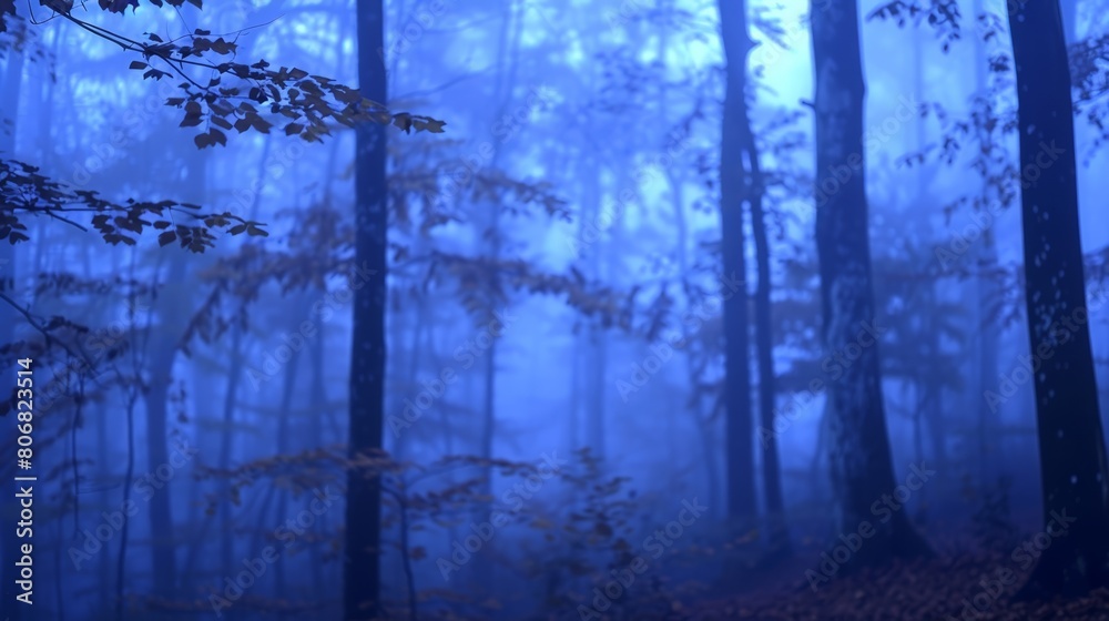 A forest teeming with tall trees, cloaked in fog, features a blur of blue hues and towering leaf-laden branches A forest teeming with tall trees, cloaked in fog, features a blur of blue hues and towering leaf-laden branches