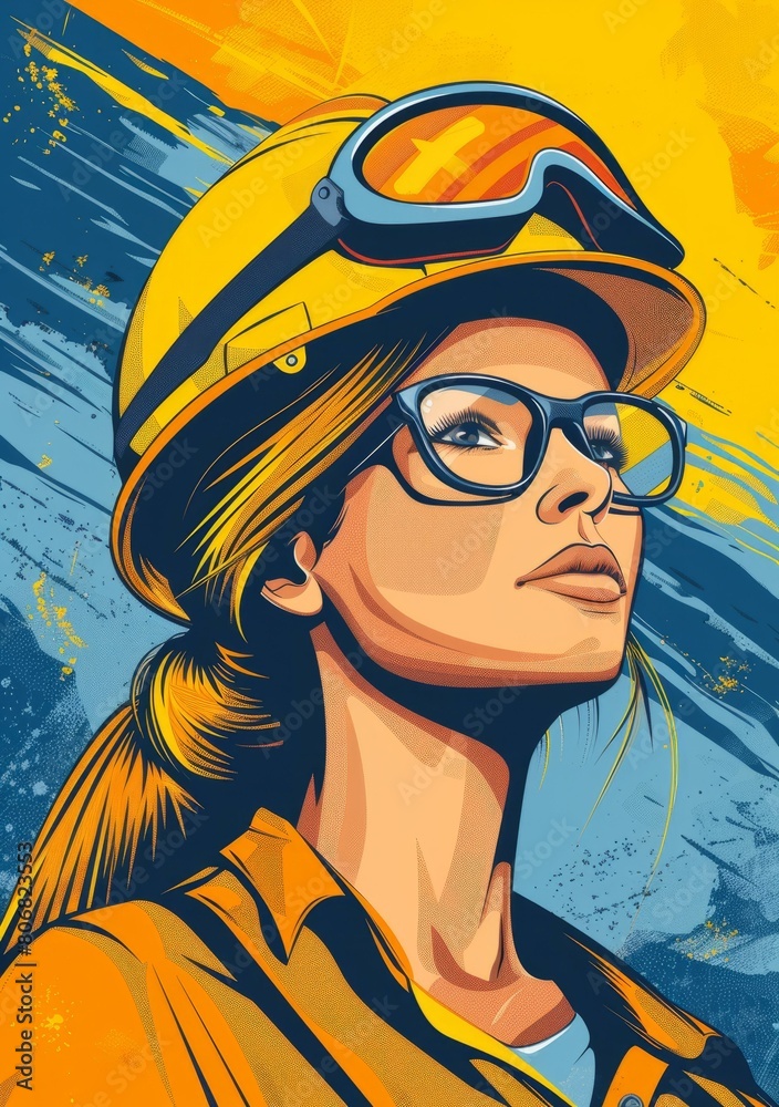 Illustration of a woman wearing a hard hat and safety glasses