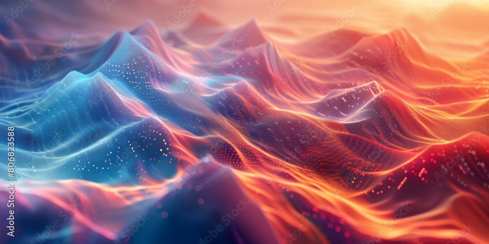 Blue and orange 3D rendering of a mountainous landscape