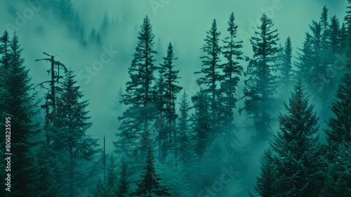  A forest filled with many tall pine trees in fog In the distance, fog prevails