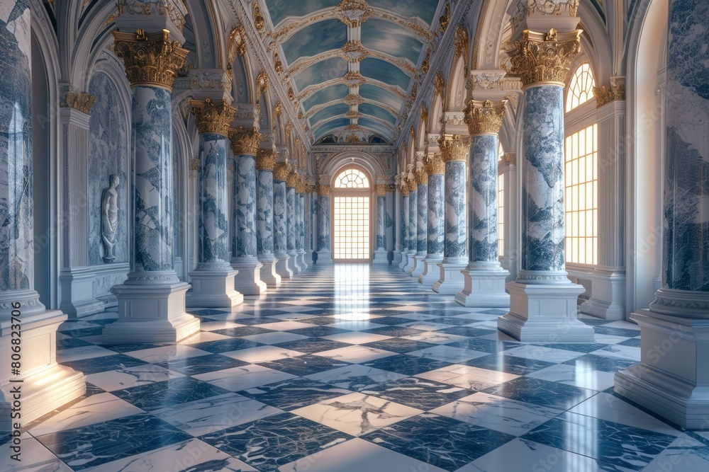 Obraz premium ornate hallway with marble columns and checkered floor